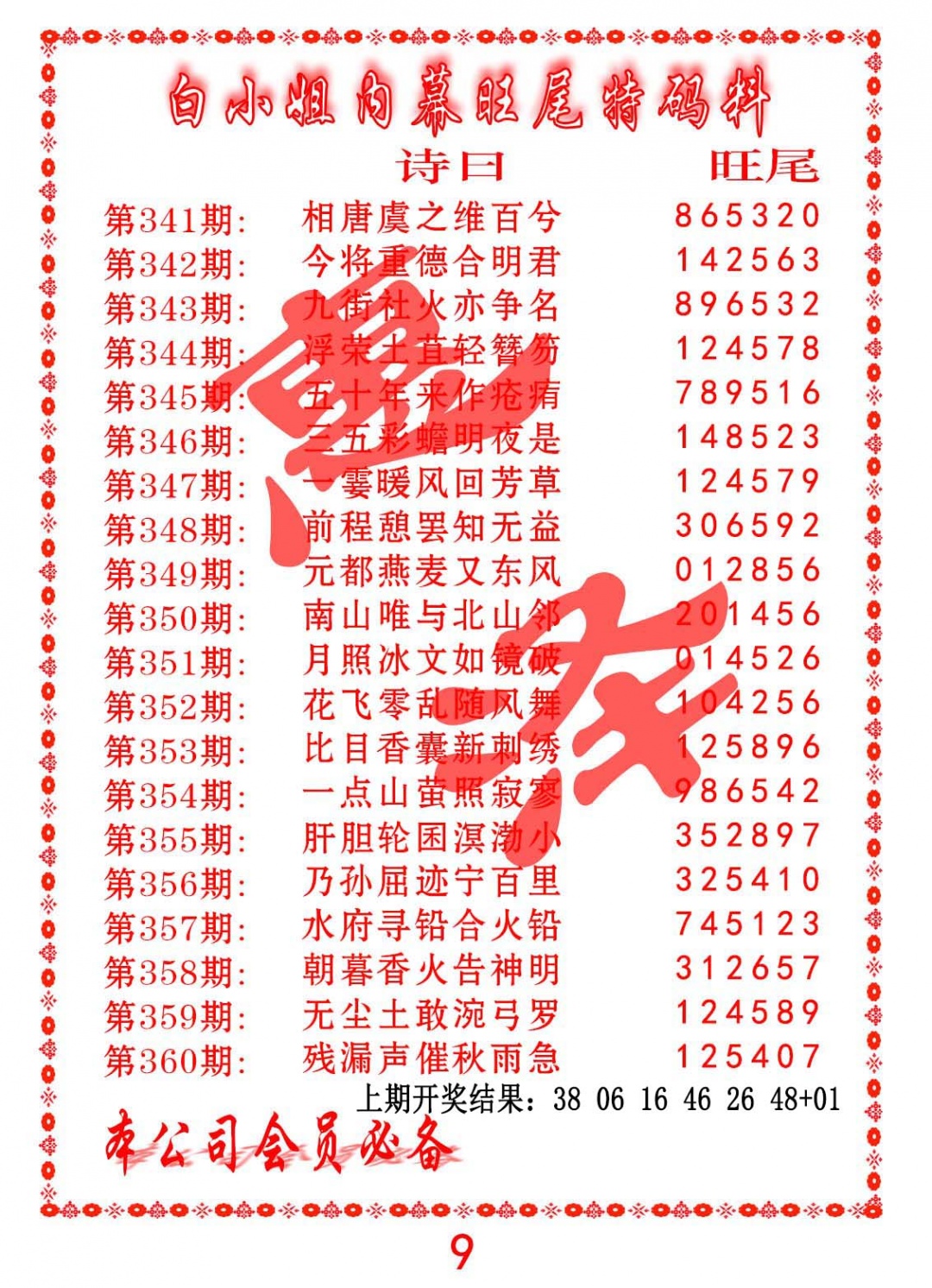 354期内幕旺尾特码料[图]