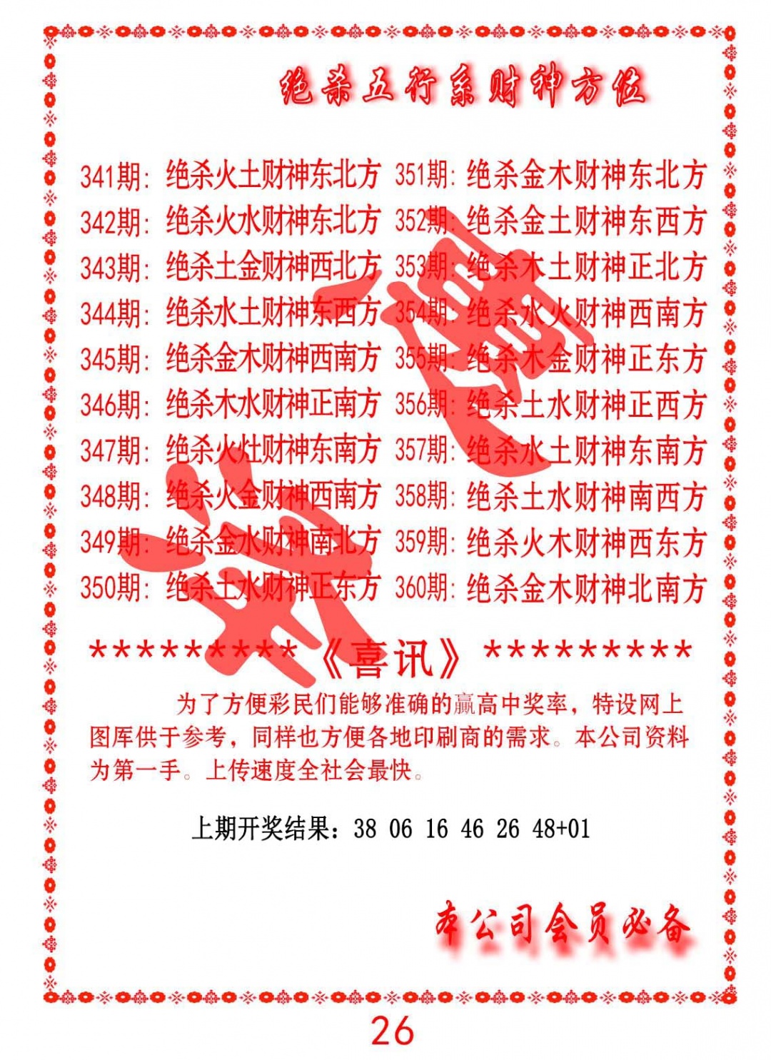 354期绝杀五行及财神方位[图]